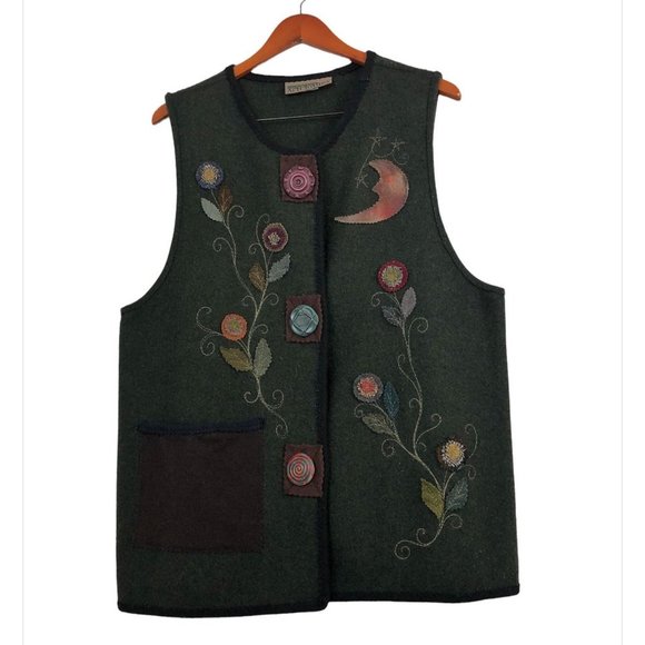 Vintage Jackets & Blazers - Artclothes Wool Vest Moon Flowers Patches